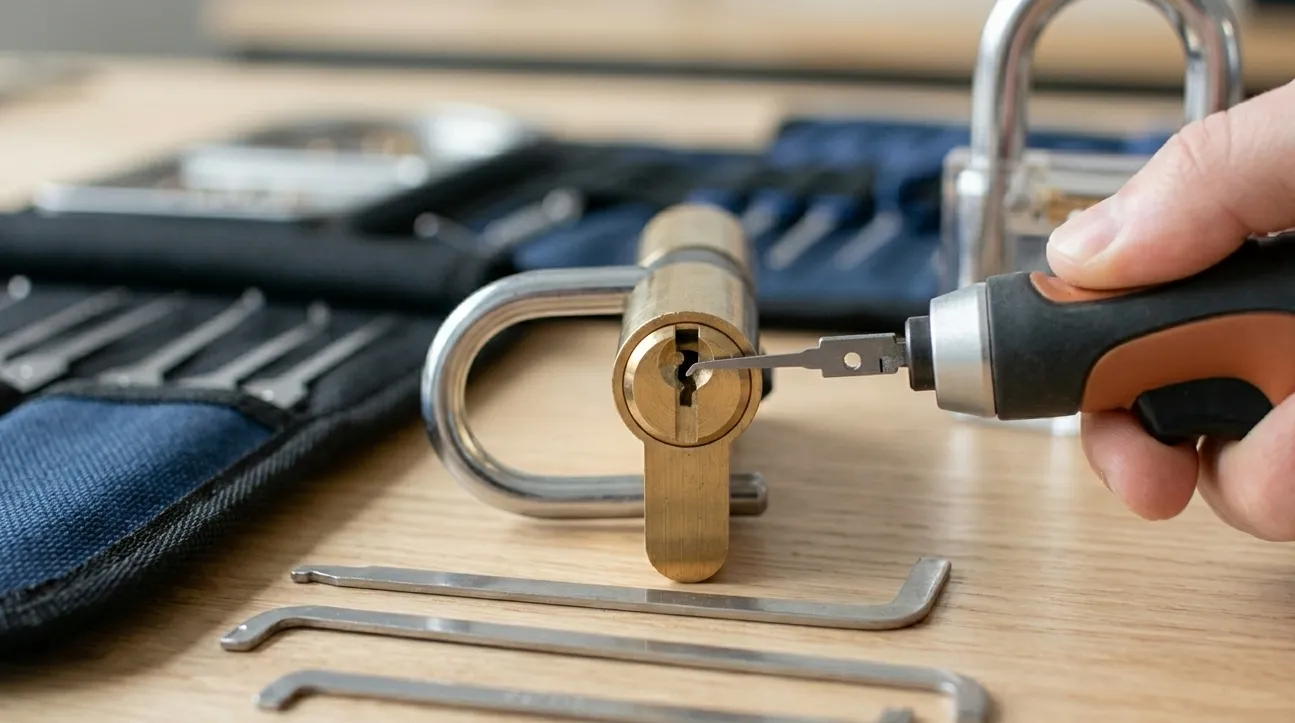 Utilisation d'un pick gun électrique sur un cadenas à cylindre simple posé sur établi