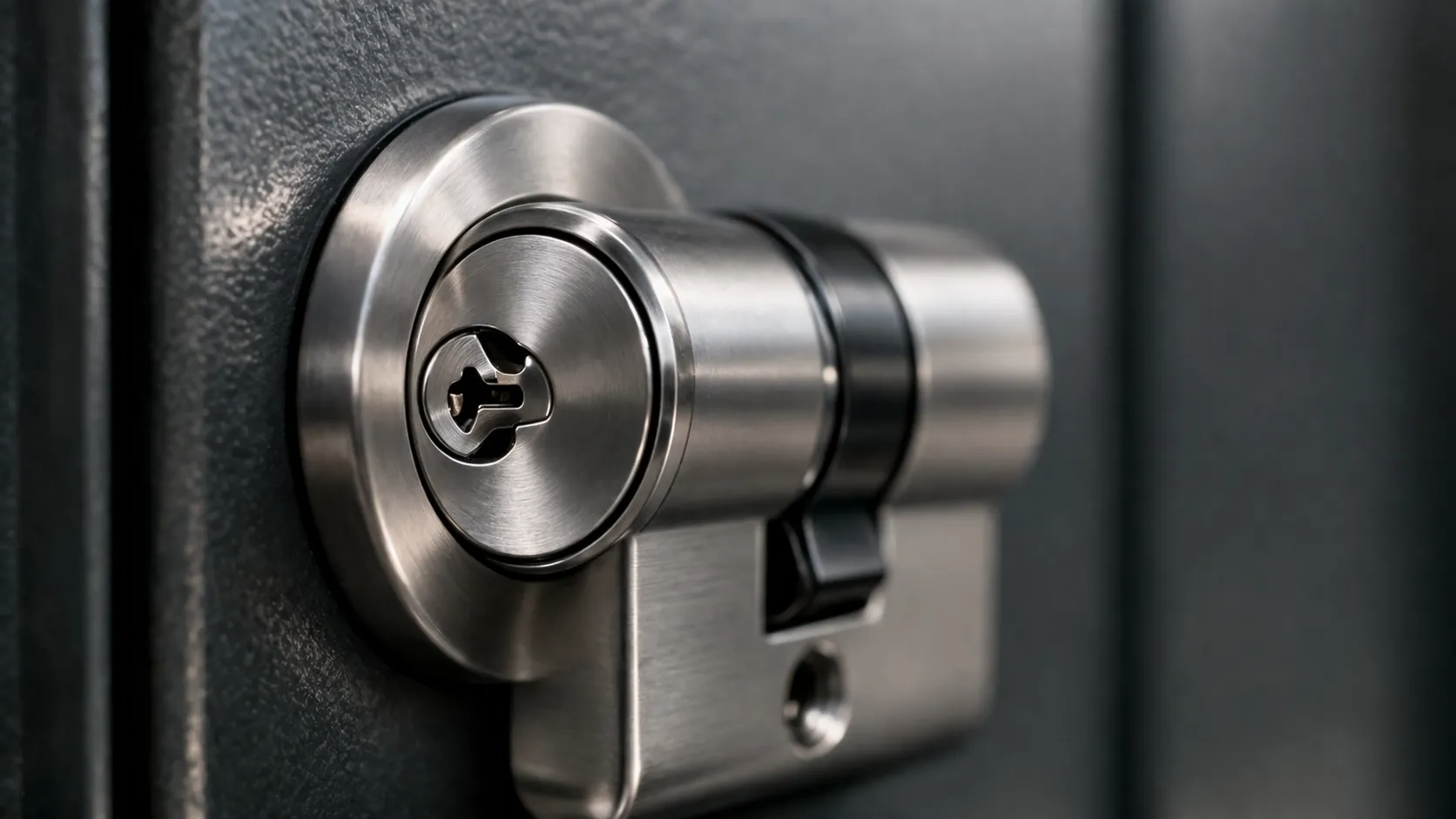 Gros plan sur un cylindre de serrure certifié A2P monté sur une porte blindée moderne