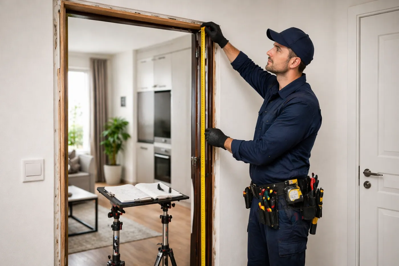 Serrurier Chambéry prenant les mesures d'une embrasure pour la pose d'une porte blindée certifiée